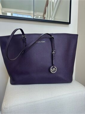 Michael Kors purple large leather tote bag and wallet set